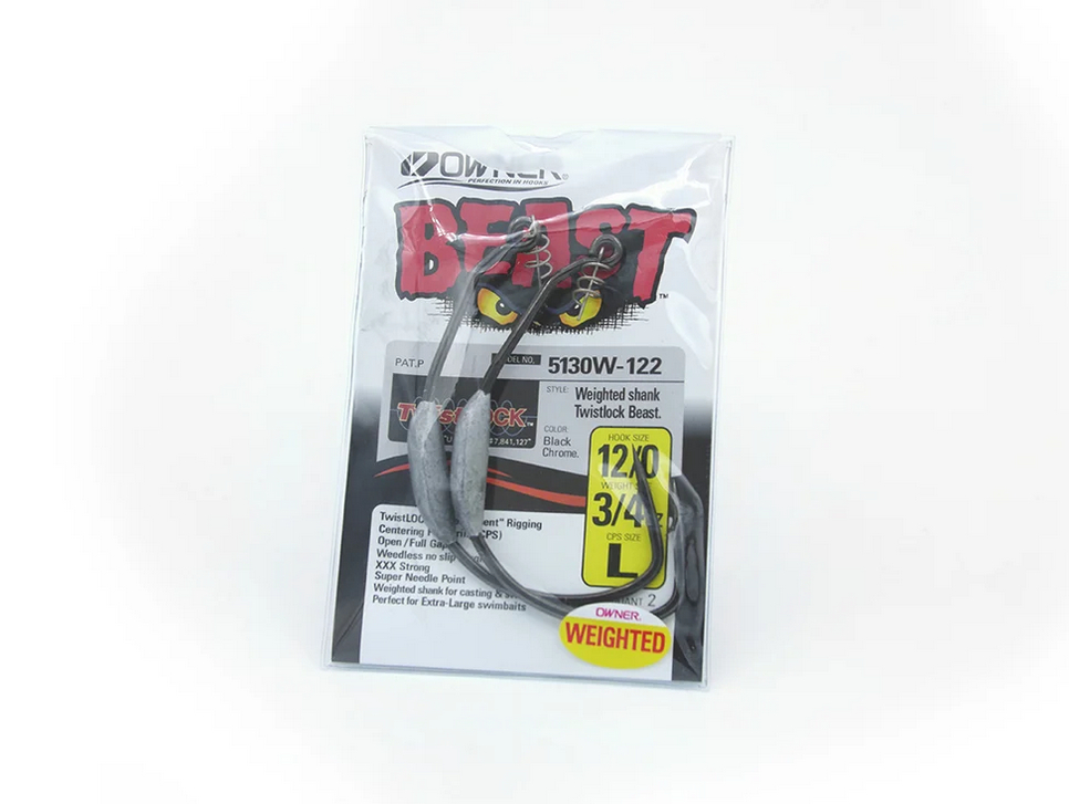 12/0 - 3/4oz Owner Weighted Beast Hooks 2pk.